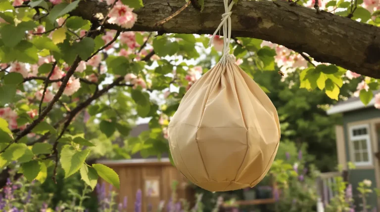 Ce sac en papier kraft accroché à une branche tient les frelons asiatiques loin du jardin tout l’été Ce sac en papier kraft accroché à une branche tient les frelons asiatiques loin du jardin tout l’été